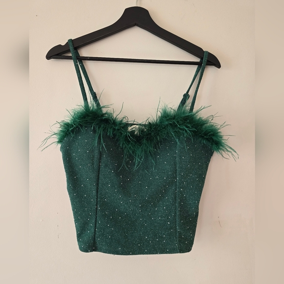 Charmed Hearts Tops - Green Feather-Trimmed Tank